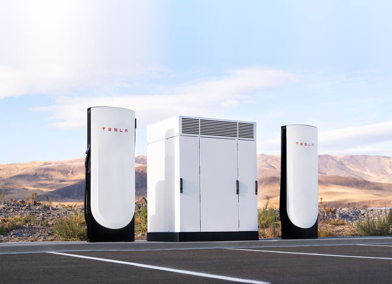 DC fast charging posts and power cabinet at a highway site