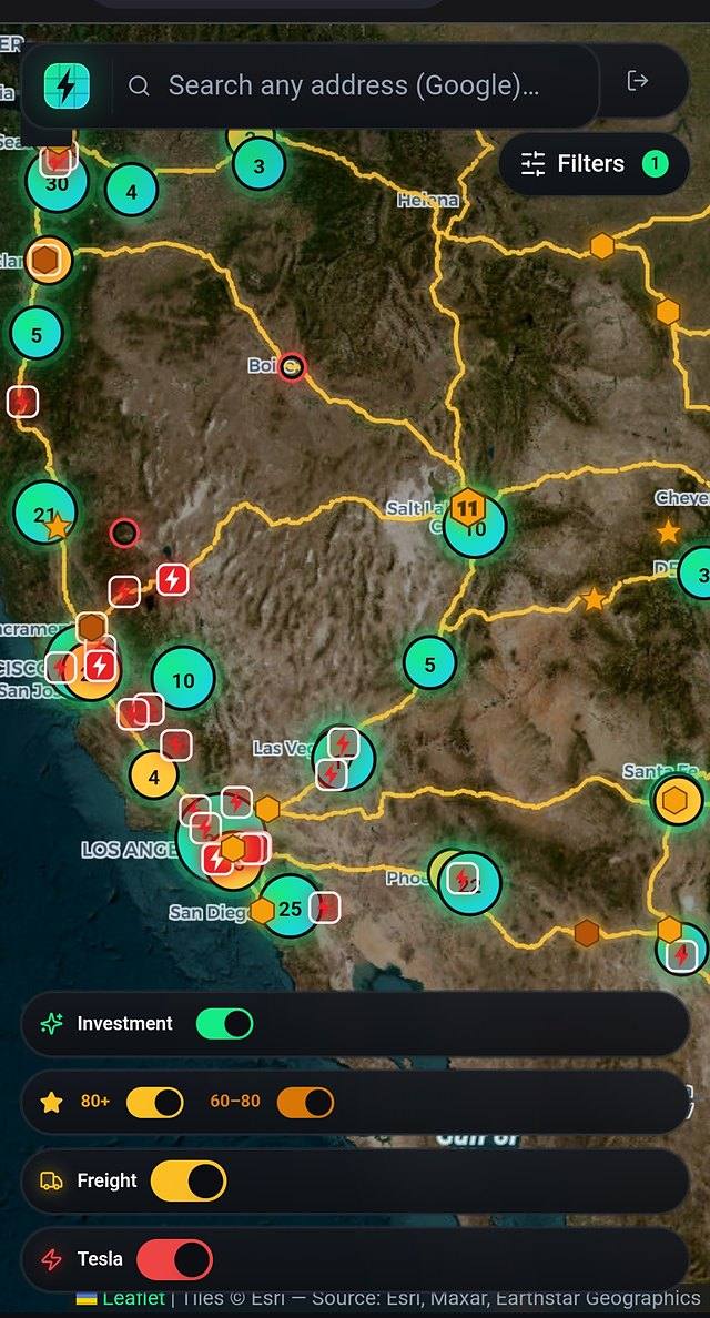 Revio site intelligence map: scored charging sites, Tesla network, freight corridors and investment overlays across the western United States