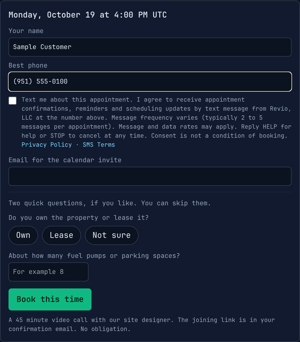 The booking form on a desktop screen: name and phone fields, an unchecked text-message box with the full consent wording and policy links, then the email field and the Book this time button