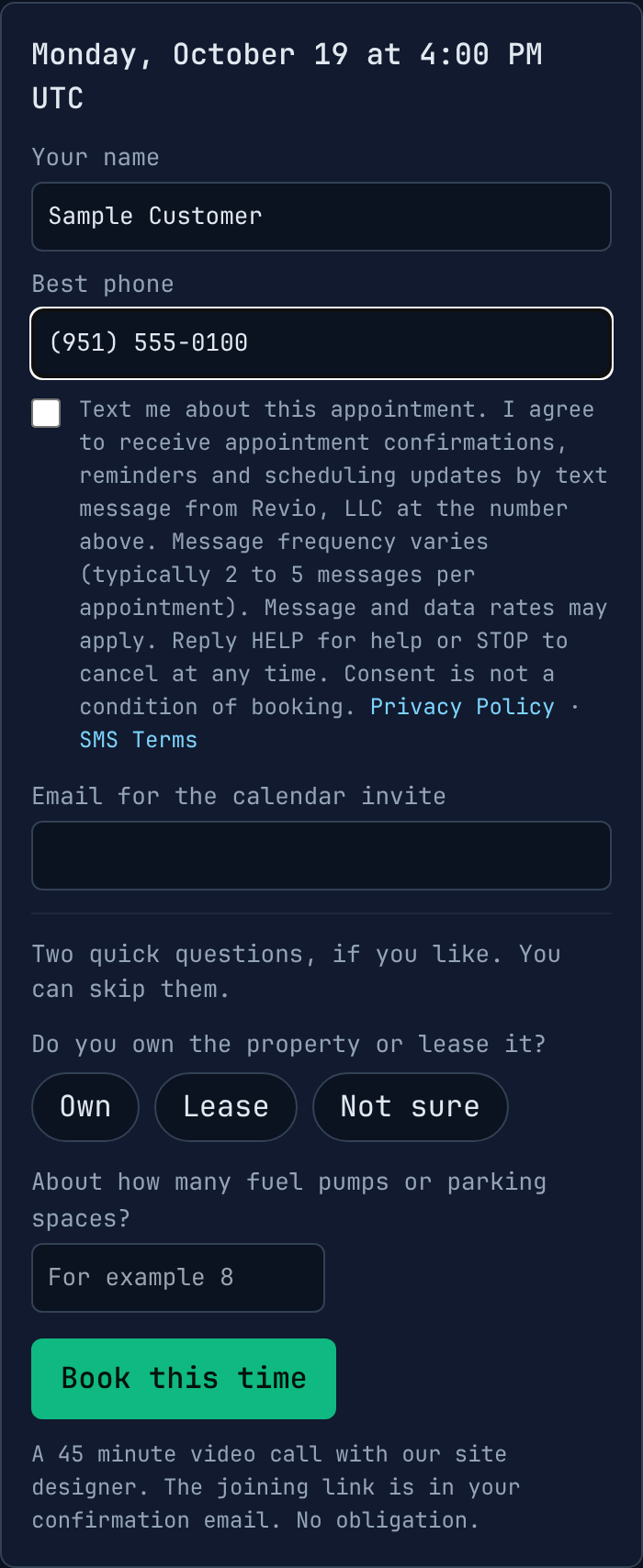 The same booking form on a phone screen, with the unchecked text-message box under the phone field