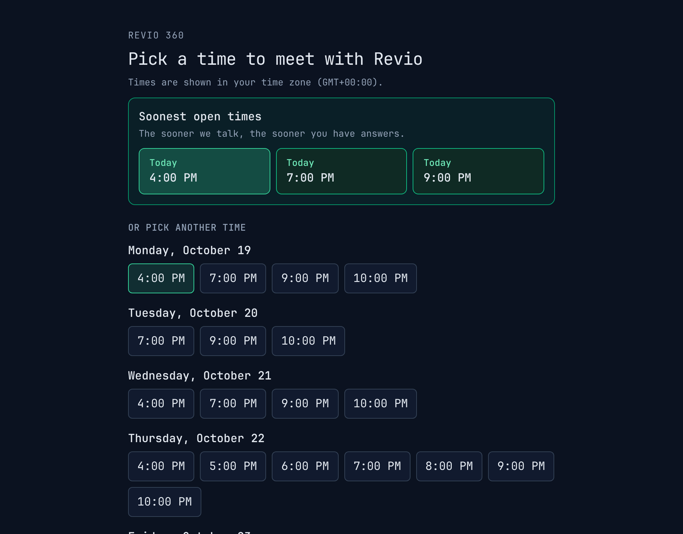 The top of the booking page: the Revio 360 heading, Pick a time to meet with Revio, and the grid of open times a person chooses from