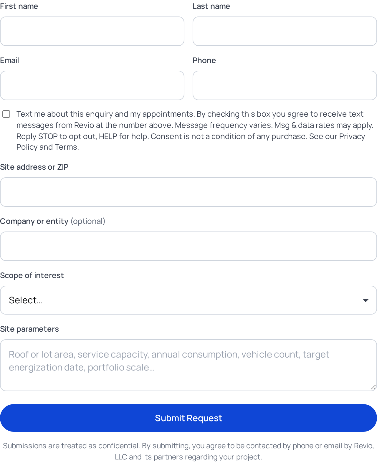 The enquiry form on revio360.com: name, email and phone fields, an unchecked text-message box with the consent wording, then the site and project fields and the Submit Request button