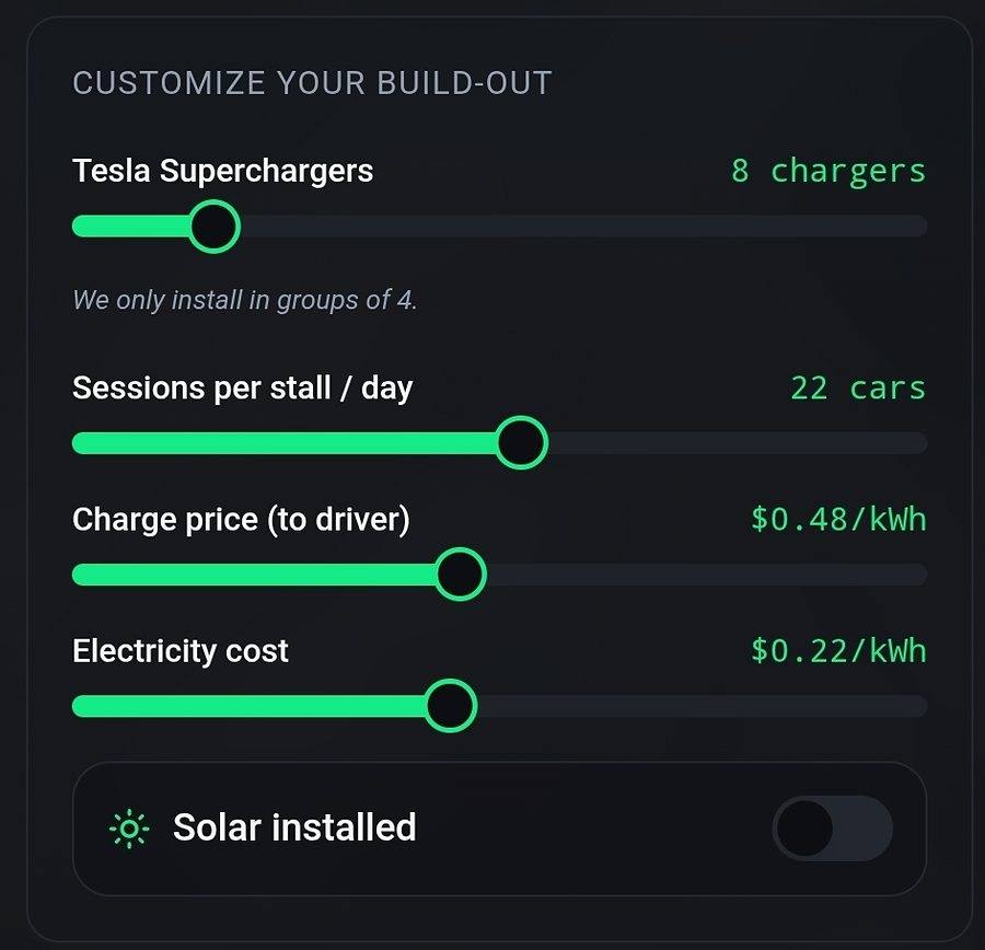 Build-out controls: number of chargers, sessions per stall per day, charge price and electricity cost