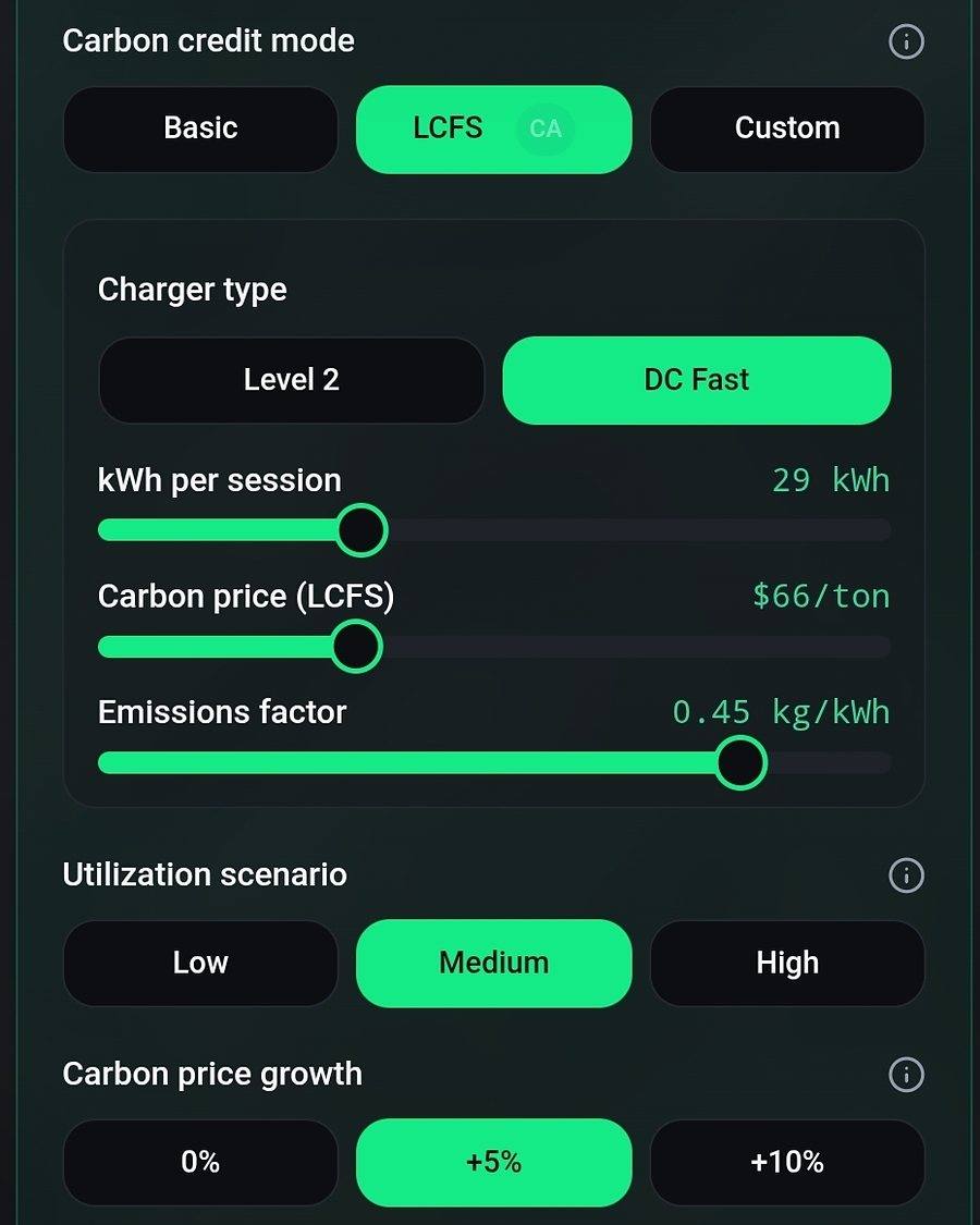 Carbon credit mode settings: LCFS pathway, charger type, kWh per session, carbon price and emissions factor