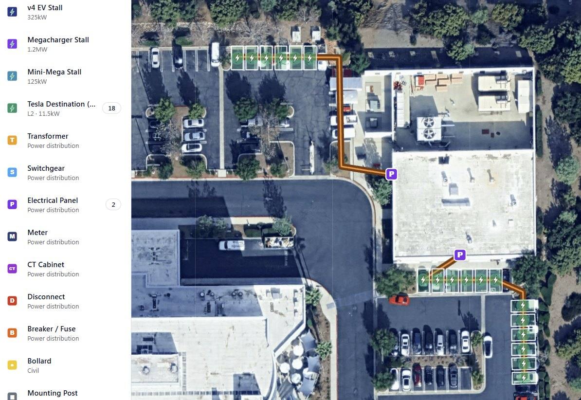 Site design tool showing an aerial parcel with fast-charging stalls placed alongside transformer, switchgear, meter and electrical panel equipment