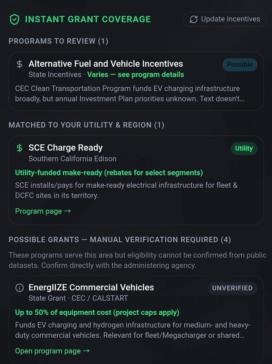 Instant grant coverage listing programs matched to the site's utility and region, with verification status