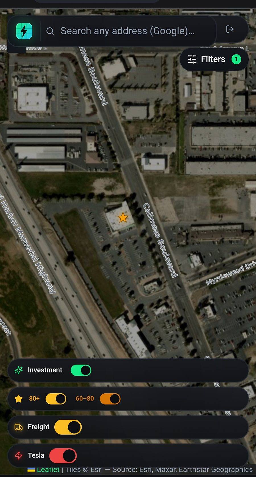 Corridor map view from the Revio site-intelligence layer showing charging positions along a freight route